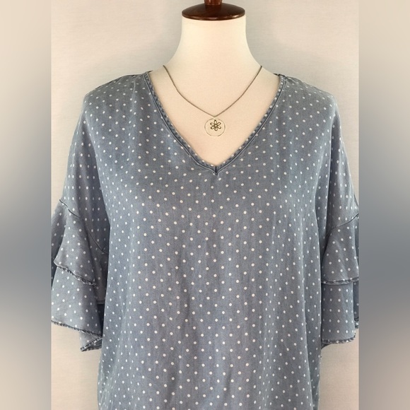 Love 8³ Chambray Blue & White Polka Dot V-Neck Ruffled Sleeve Blouse - Picture 2 of 12